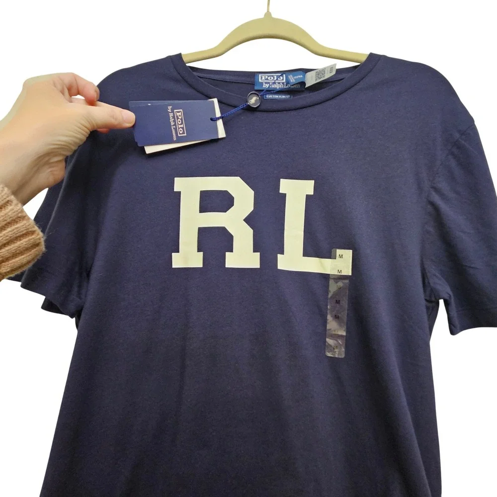 Polo Ralph Lauren T-Shirt Mens Medium Navy RL‎ Graphic Custom Slim Fit Casual